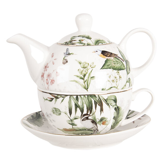 Clayre &amp; Eef   | Tea for One Wit Groen 16x15x14 cm / 460 ml | TRBTEFO