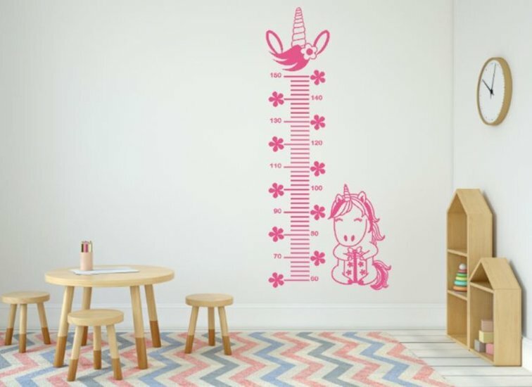 Muursticker lengtemeter eenhoorn roze | Rosami Decoratiestickers