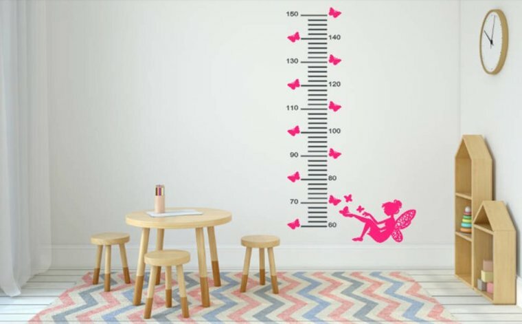 Sticker lengemeter fee met vlinders grijs/roze 99,95 x 25 cm | Rosami Decoratiestickers