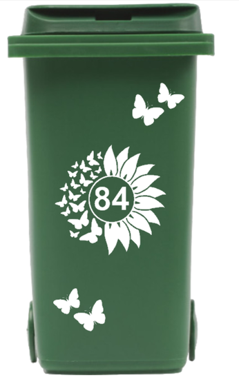 Sticker container zonnebloem / vlinders met huisnummer | Rosami Decoratiestickers