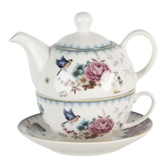 Clayre &amp; Eef   | Tea for One Wit Roze 16x15x15 cm / 460 ml | PIRTEFO