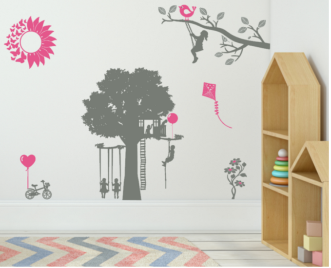 Muurstickerset Speeltuin | Kinderen op schommel - ballon - fiets - bloem - vlieger | Kinderkamer | Rosami Decoratiesticker