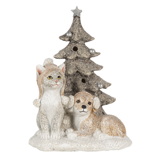 Clayre &amp; Eef   | Kerstdecoratie Beeld Honden en kat Wit, Grijs LED 11x9x15 cm | 6PR4628