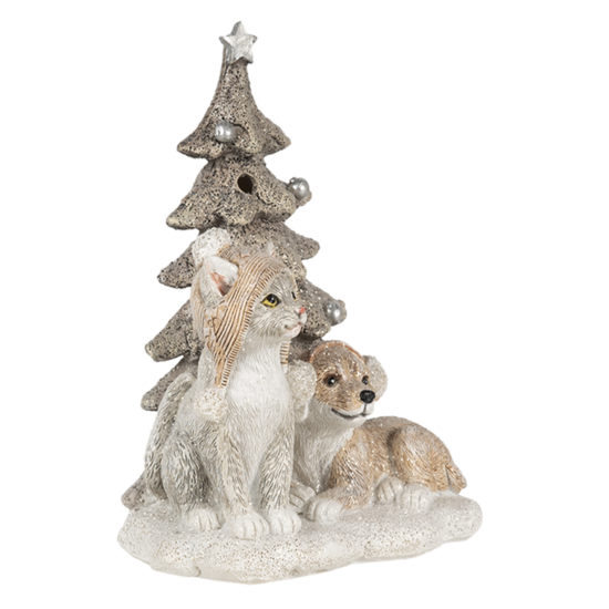 Clayre &amp; Eef   | Kerstdecoratie Beeld Honden en kat Wit, Grijs LED 11x9x15 cm | 6PR4628