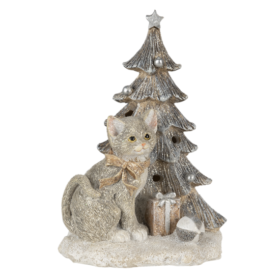 Clayre &amp; Eef   | Kerstdecoratie Beeld Kat Grijs, Wit 12x9x16 cm LED | 6PR4629