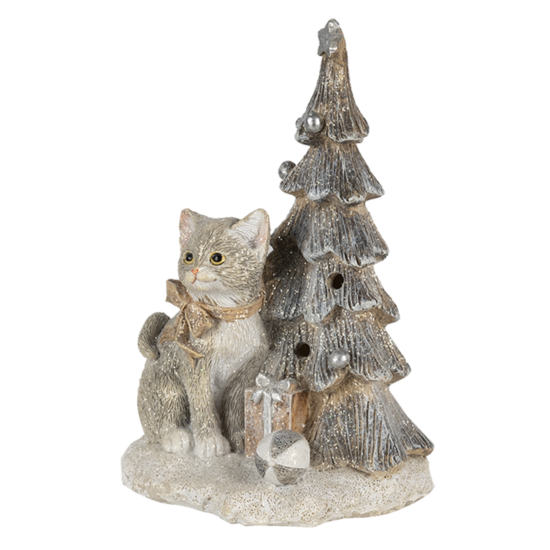 Clayre &amp; Eef   | Kerstdecoratie Beeld Kat Grijs, Wit 12x9x16 cm LED | 6PR4629