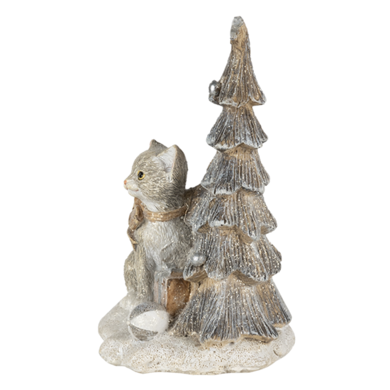 Clayre &amp; Eef   | Kerstdecoratie Beeld Kat Grijs, Wit 12x9x16 cm LED | 6PR4629