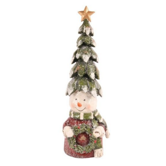 Decoratie sneeuwpop met kerstboom op zijn hoofd kerstkrans in hand 28 cm | Dutch Style | 11265850