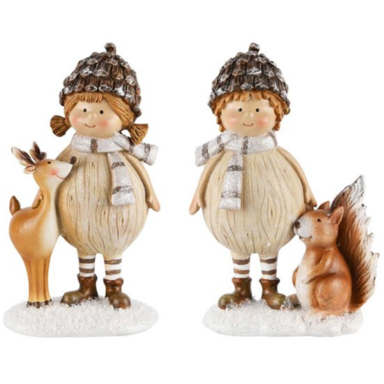 Set van decoratiebeelden kindje met rendier &amp; eekhoorn 18 x 11 x 6 cm | Dekoratief Winterdecoratie | A215888