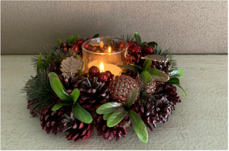 Kerstkrans / stuk 25 cm rond bordeaux rood 1 theelichthouder &amp; dennenappels groen blad | La Galleria | NFT-85064