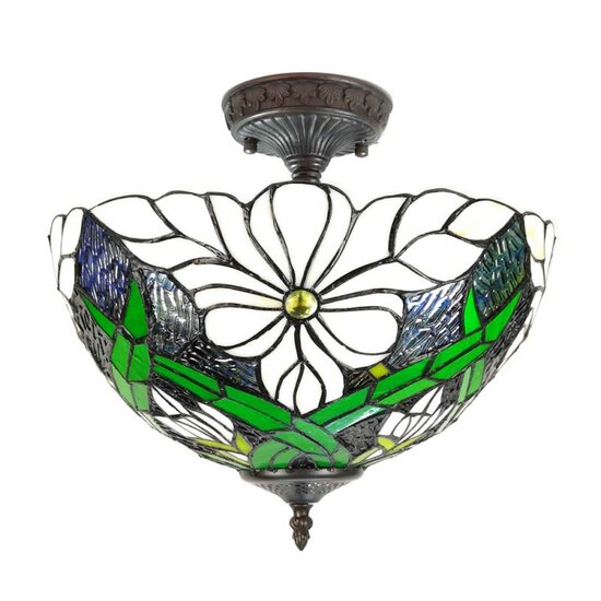 5LL-6139 Plafondlamp Tiffany Groen, Wit &oslash; 36*35 cm E27 / max 2*60W &oslash; 36*31 cm E27/max 2*40W Wit | 5LL-6139 | Clayre &amp; Eef