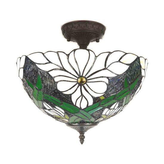 5LL-6139 Plafondlamp Tiffany Groen, Wit &oslash; 36*35 cm E27 / max 2*60W &oslash; 36*31 cm E27/max 2*40W Wit | 5LL-6139 | Clayre &amp; Eef