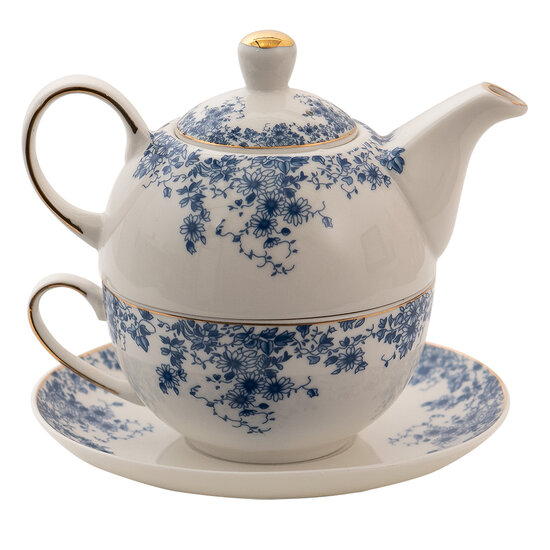 Clayre &amp; Eef   | Tea for One Wit, Blauw 16x15x15 cm / 400 ml / 250 ml | BFLTEFO