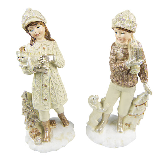 Clayre &amp; Eef   | Kerstdecoratie Beeld set van 2 Kinderen Beige 9x8x22 cm | 6PR4794