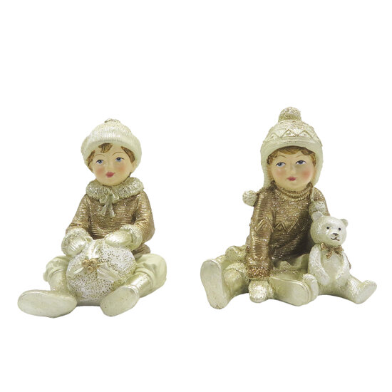 Clayre &amp; Eef   | Kerstdecoratie Beeld set van 2 Kinderen Beige Goudkleurig 7x7x9 cm | 6PR4801