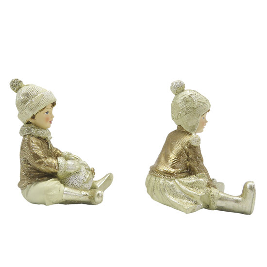 Clayre &amp; Eef   | Kerstdecoratie Beeld set van 2 Kinderen Beige Goudkleurig 7x7x9 cm | 6PR4801