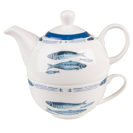 Clayre &amp; Eef   | Tea for One Wit Blauw 17x11x14 cm / 400 ml / 250 ml | FIBTEFO