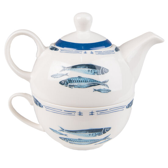 Clayre &amp; Eef   | Tea for One Wit Blauw 17x11x14 cm / 400 ml / 250 ml | FIBTEFO