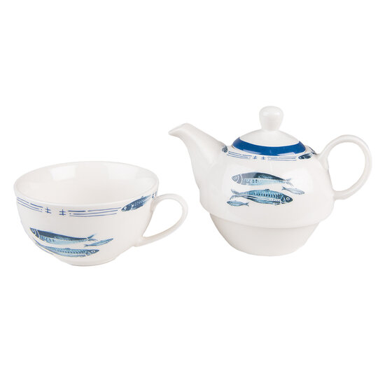 Clayre &amp; Eef   | Tea for One Wit Blauw 17x11x14 cm / 400 ml / 250 ml | FIBTEFO