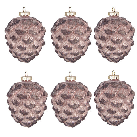 Clayre &amp; Eef   | Kerstballen set van 6 Dennenappel Roze &oslash; 8x10 cm | 6GL4121