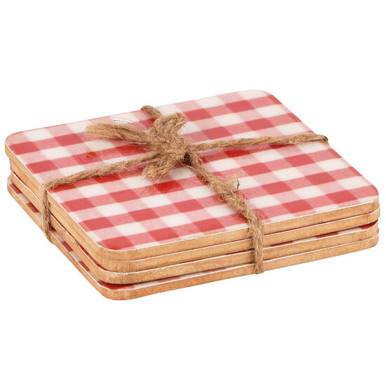 Dekoratief | Set 4 onderleggers &#039;Picknick Style&#039;, rood/wit, hout, 10x10cm | A205165