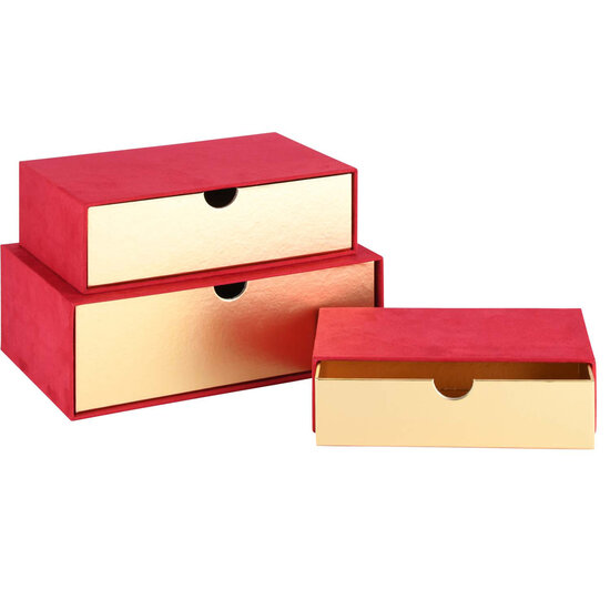 Dekoratief | Set 3 dozen RH, rood/goud, velvet, 23x16x8cm | A205758