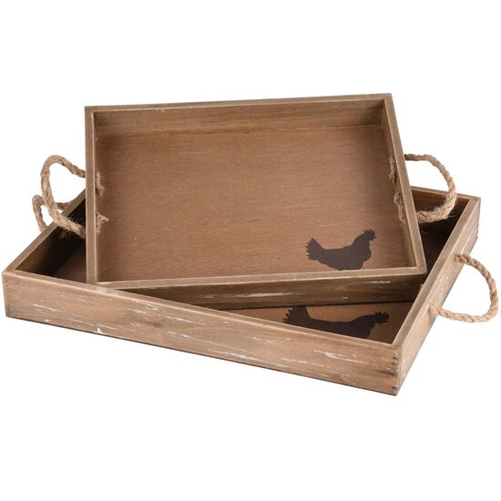 Dekoratief | Set 2 dienbladen hout m/kip, 35x28x5cm | A210002