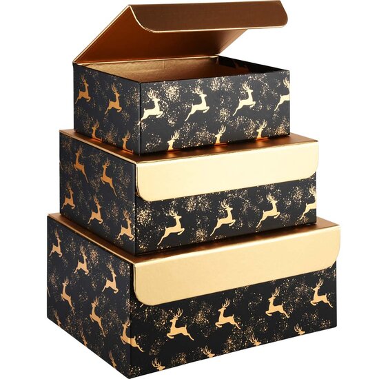 Dekoratief | Set 3 dozen rechthoek &#039;Golden Deer&#039;, zwart/goud, 23x16x9cm | A215680