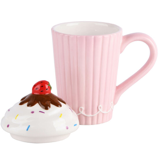 Dekoratief | Mok m/deksel milkshake, wit/roze, keramiek, 13x9x18cm | A220414