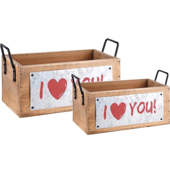 Dekoratief | Set 2 bakjes &#039;I Love You&#039;, hout, 33x15x11cm | A220675