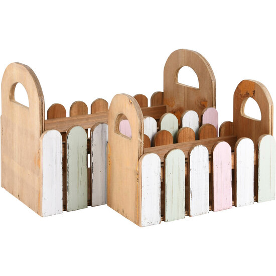 Dekoratief | Set 2 bakjes wit/roze/groen, hout, 28x14x18cm | A220680