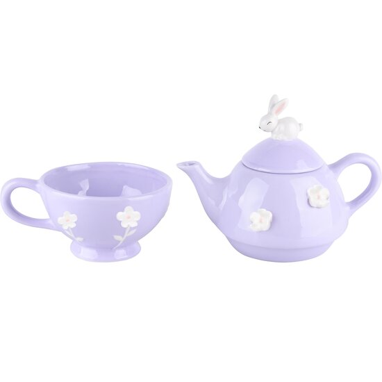 Dekoratief | Tea for one m/bunny, paars/wit, keramiek, 18x12x13cm | A220769