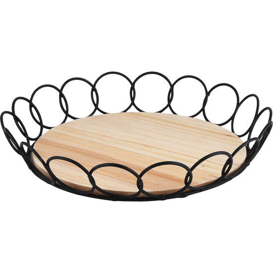 Dekoratief | Mand rond m/houten basis, zwart/naturel, 30x30x6cm | A220903