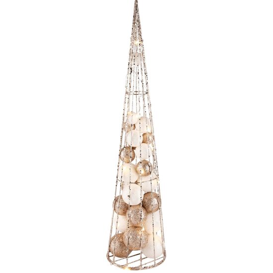 Dekoratief | Kegel vorm m /ballen, goud/wit/glitter, rotan, LED, 14x14x60cm | A225056