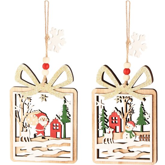 Dekoratief | Hanger cadeautje m/santa/sneeuwman, hout, 10x15cm, set van 2 stuks | A225065