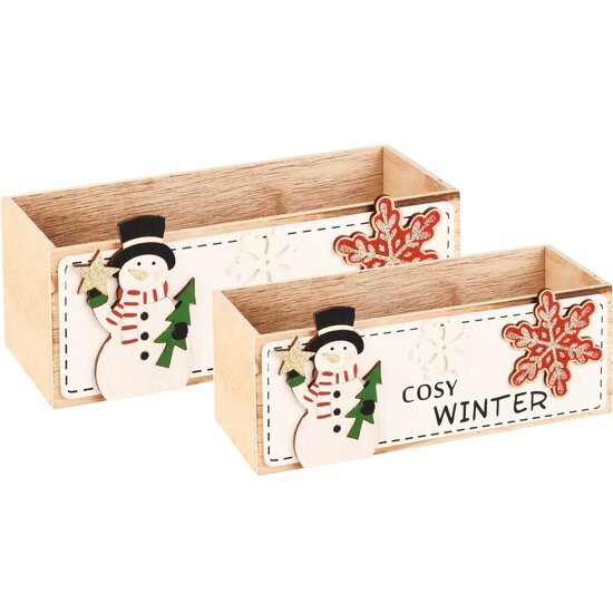 Dekoratief | Set 2 bakjes m/sneeuwman &#039;Cosy Winter&#039;, hout, 22x8x8cm | A225073