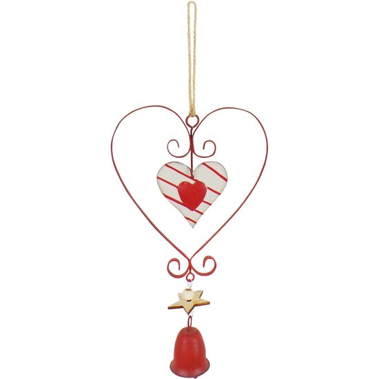 Dekoratief | Hanger hart m/belletje, rood, metaal, 14x31x1cm | A225151