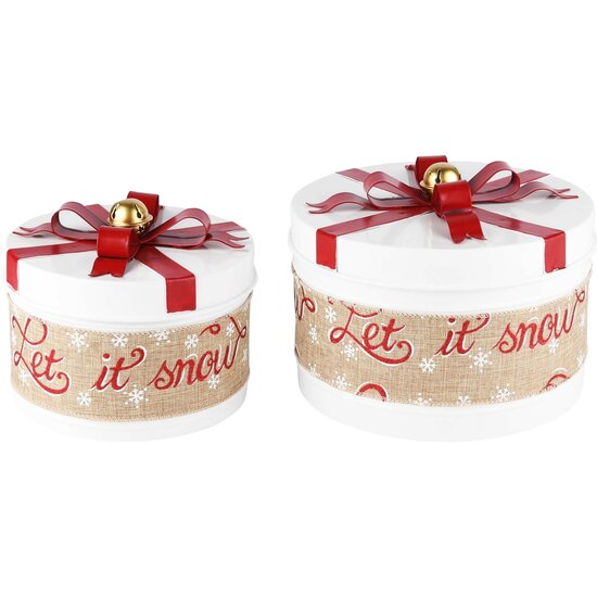 Dekoratief | Set 2 dozen rond &#039;Let it Snow&#039;, wit, metaal/jute, 21x21x13cm | A225737