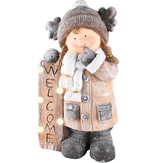 Dekoratief | Winterkind meisje &#039;Welcome&#039;, magnesium, LED, 23x18x44cm | A225841