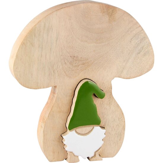 Dekoratief | Paddenstoel m/gnoom puzzel, naturel/groen, hout, 21x19x3cm | A228078