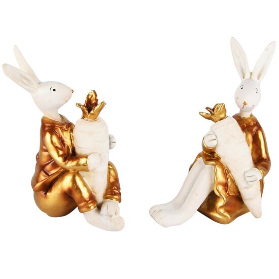 Dekoratief | Bunny m/wortel, goud/wit, resina, 11x6x8cm, set van 2 stuks | A230520