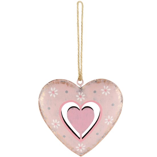 Dekoratief | Hanger hart m/bloemetjes, roze, metaal, 8x7x1cm | A230684