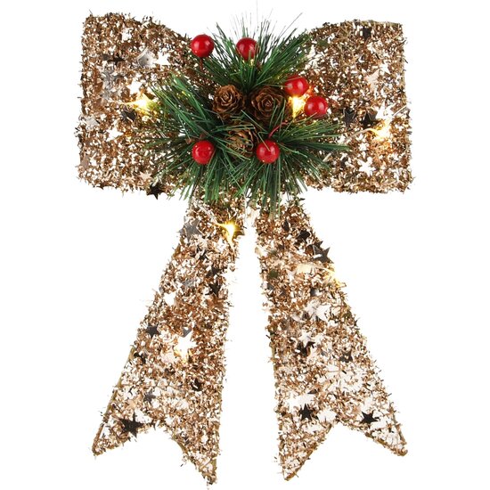 Dekoratief | Deco strik m/glitters, champagne/glitter, rotan, LED, 16x23x6cm | A235171