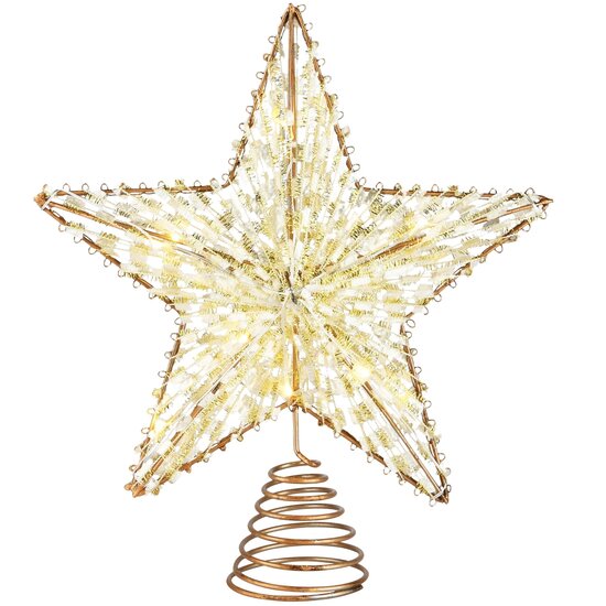 Dekoratief | Kerstboompiek ster, goud/glitters, rotan, LED, 25x25x6cm | A235183