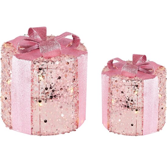 Dekoratief | Set 2 cadeautjes rond, roze/glitter, rotan, LED, 25x25x30cm | A235187