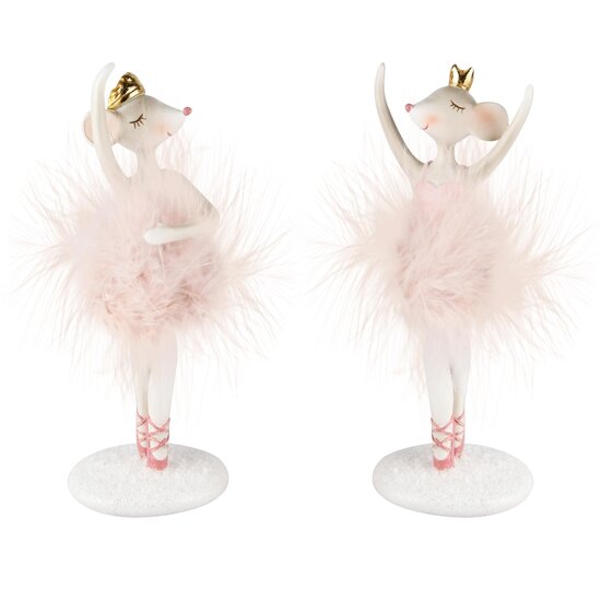 Dekoratief | Muis ballerina m/fluffy rokje, wit/roze, resina, 7x7x20cm, set van 2 stuks | A235274