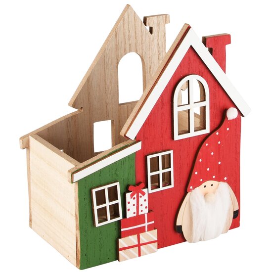 Dekoratief | Bakje huis m/santa, rood/groen, hout, 16x10x17cm | A235314