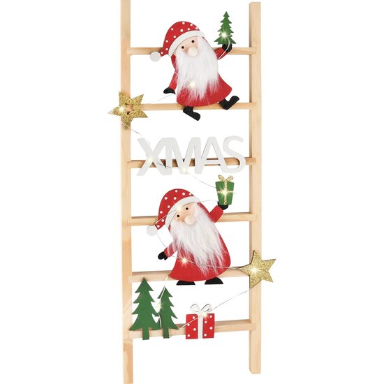 Dekoratief | Deco ladder m/santa&#039;s, naturel/rood, hout, LED, 17x2x48cm | A235321