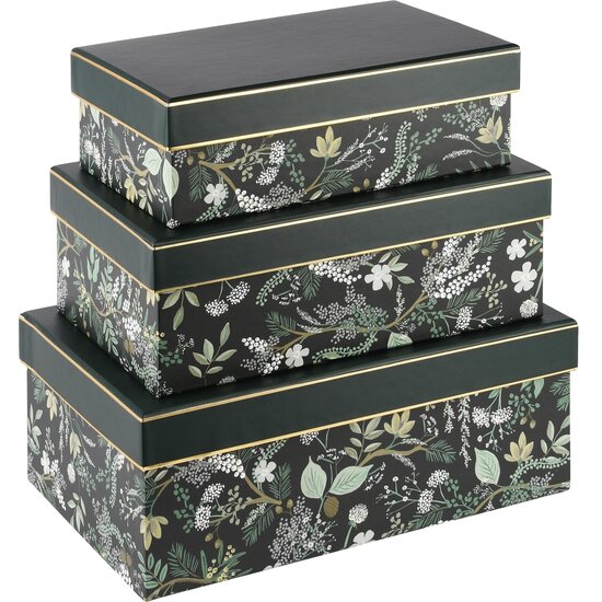 Dekoratief | Set 3 dozen rechthoek &#039;Mystic Forest&#039;, zwart/groen, 26x18x10cm | A235577