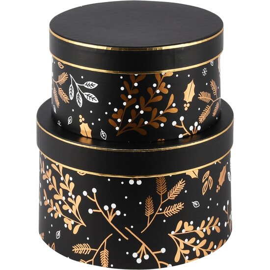 Dekoratief | Set 2 dozen rond &#039;Golden Twigs&#039;, zwart/goud, 19x19x11cm | A235588